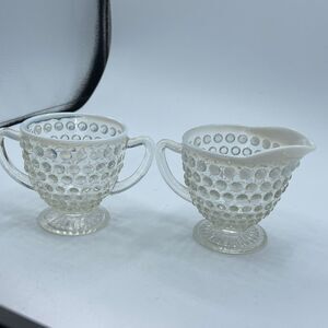 Vintage Anchor Hocking Moonstone Opalescent Hobnail Glass creamer & sugar